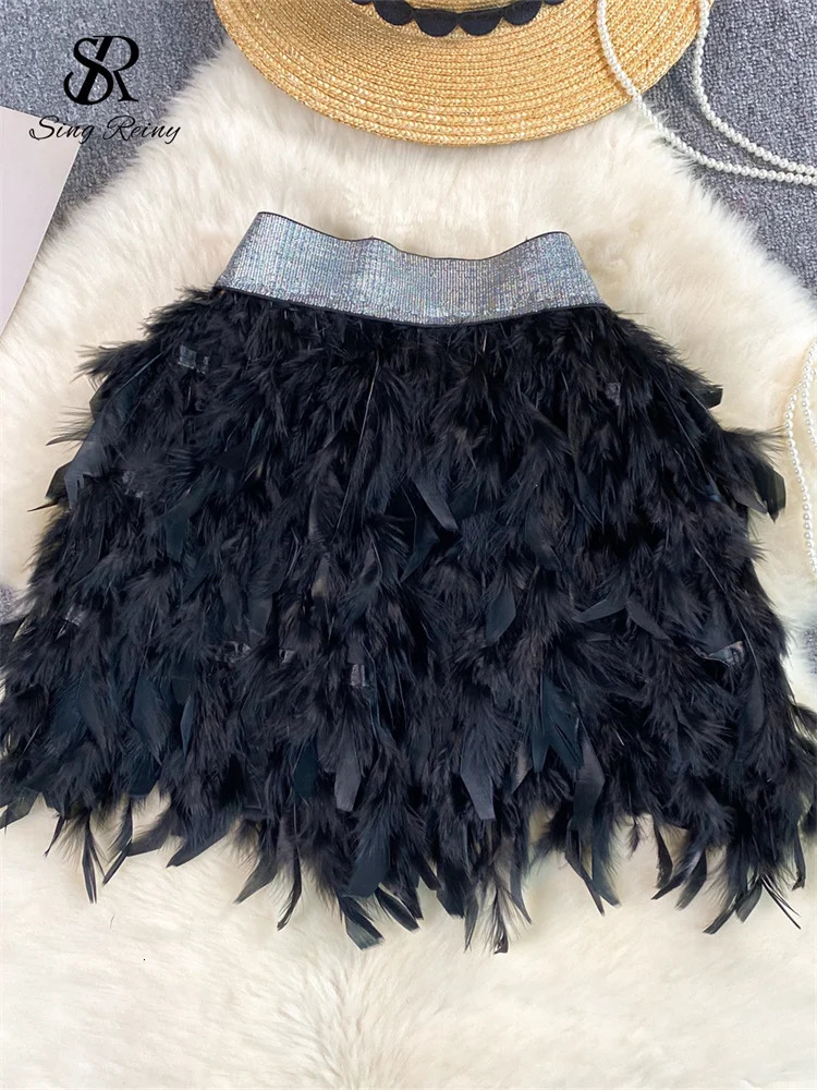 SINGREINY Senior Birthday Party Skirt High Quality Elastic Waist Mini Skirt Fairy Style Sweet Feather Splicing Ball Gown Skirt 250108