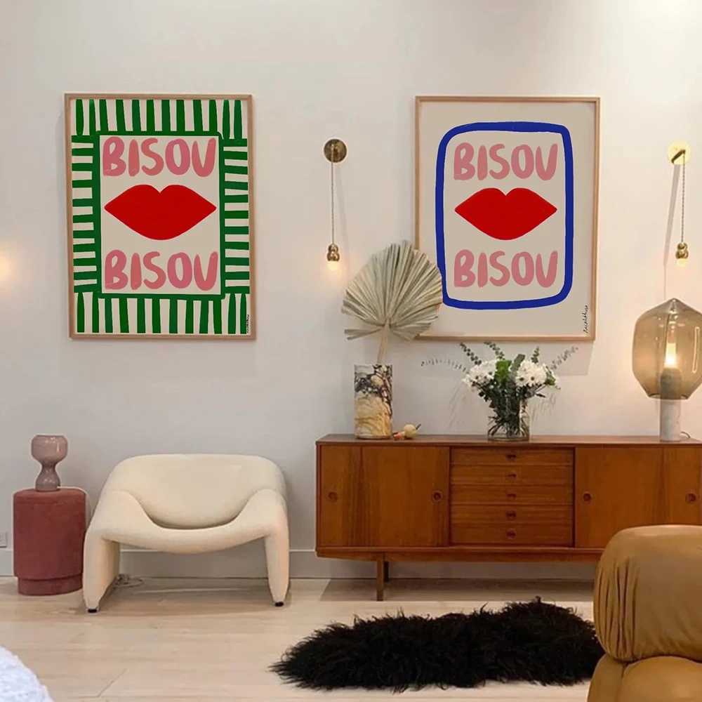 Paintings Maximalist Eclectic Pink French Quotes Bisou Bonjour Bonne Nuit Wall Art Canvas Painting Posters Living Room Home Decor H250115RDS4