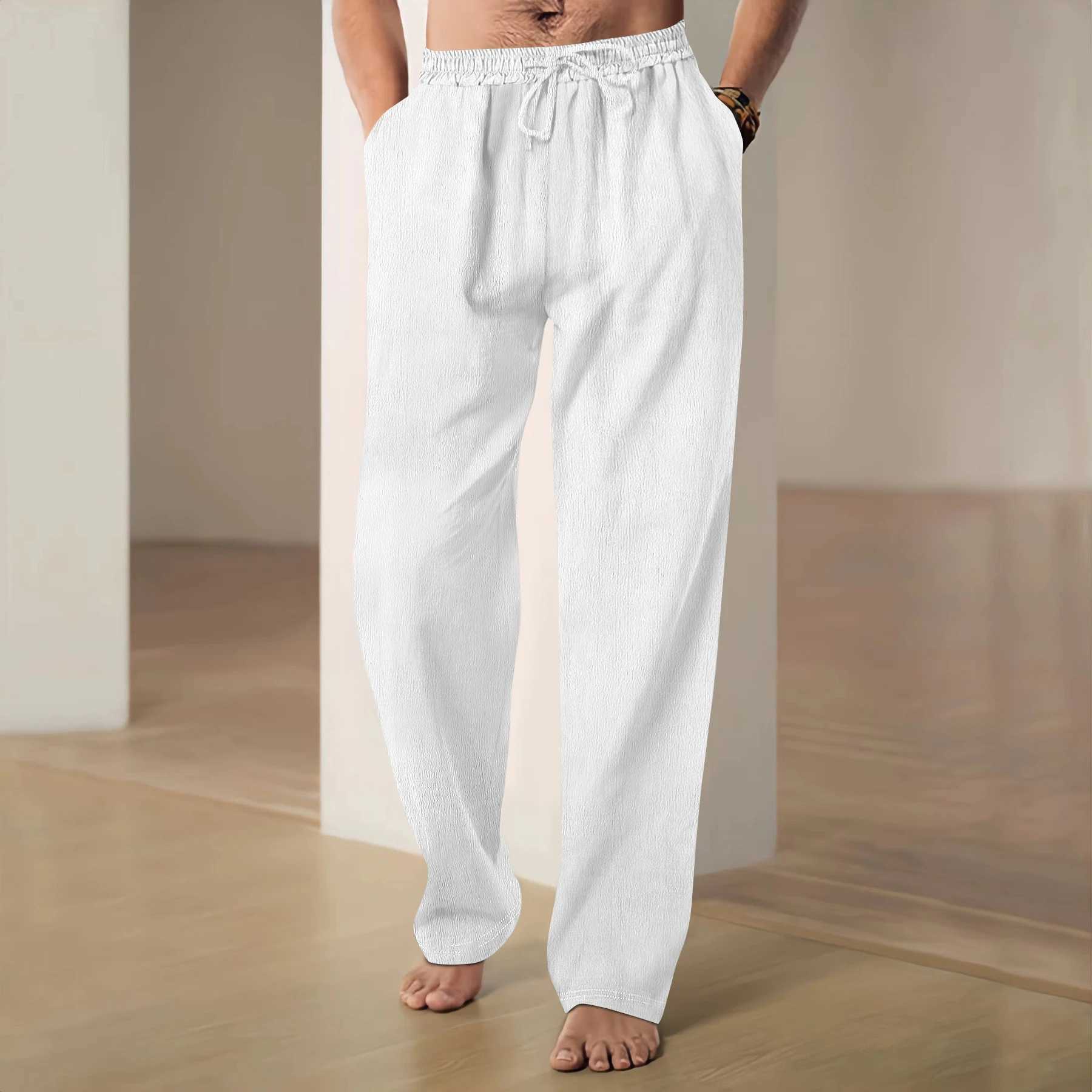Summer Comfort Mens Pants Cotton And Line Breathable Loose Casual Beach Drawstring Wide Leg Pants Mens Clothing W250115