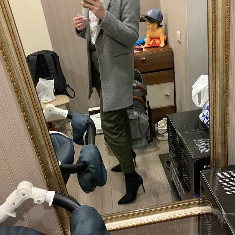 Women 7.5cm 10cm High Heels Winter Thermal Boots Green Low Heels Streh Silk Ankle Boots Lady Warm Pointed Toe Sexy Party ShoesXJ250217