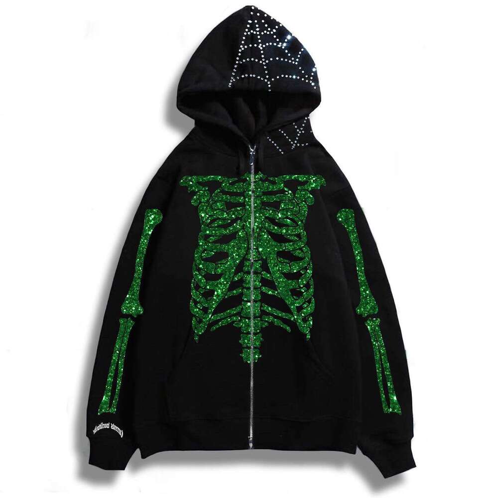 Y2k rhinestone glitter skeleton printed jacket autumn winter long sleeved zipper with fleece hooded sweatshirt for men and women