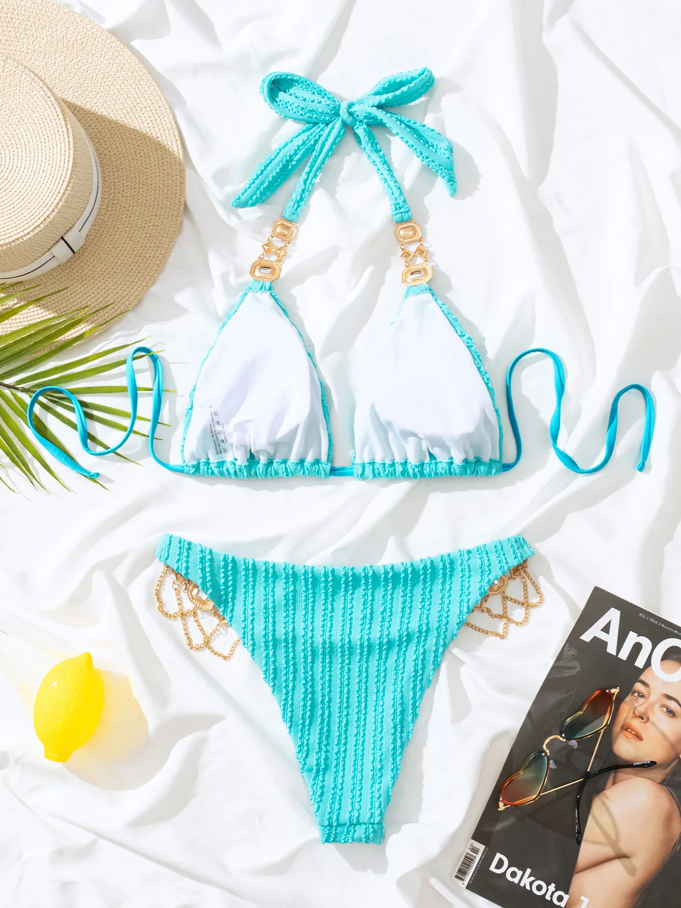 Rhinestone Diamond Womens Bikini Sky Blue 2-piece Swimsuit Summer Beach Boom Swimsuit 250109