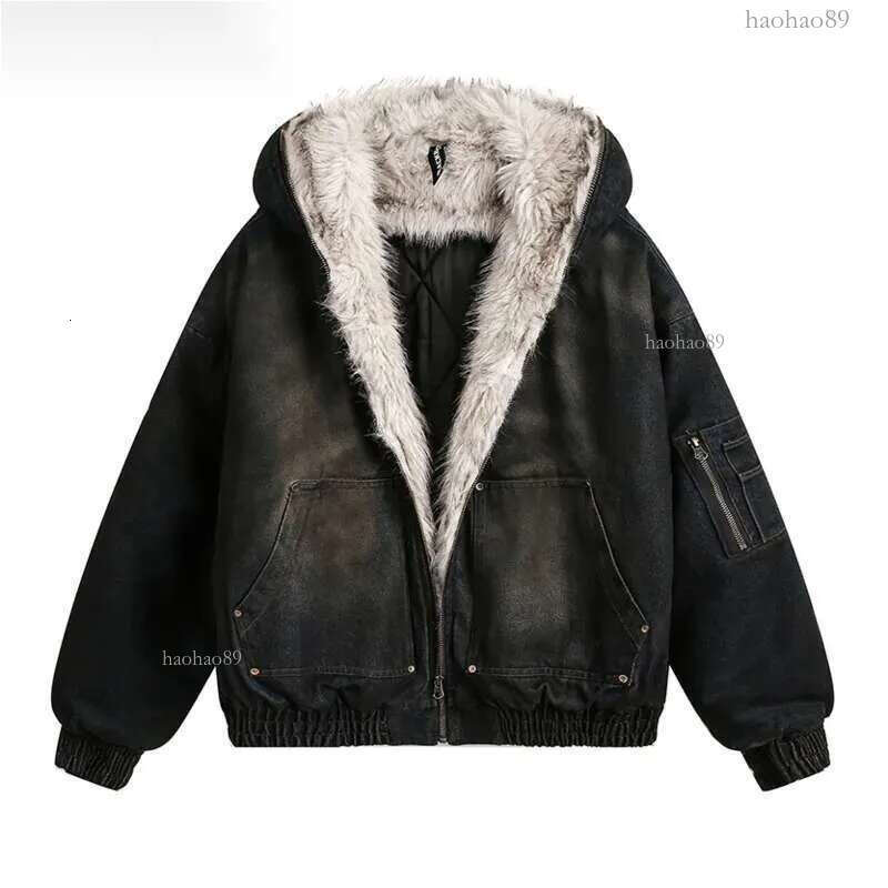 PFNW Menswear Thickened Denim Quilted Padded Jackets Autumn Winter Trend 2024 New Oversized Fur Collar Hooded Cotton-padded Coat