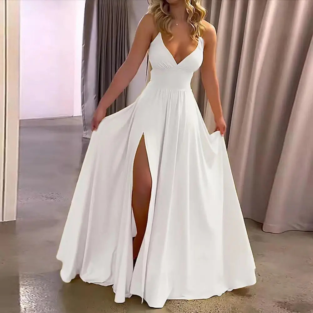 Women Party Dress Off Shoulder Lowcut V Neck Sleeveless Ball Gown Solid Color Split Hem Pleated Tight High Waist Evening 250103