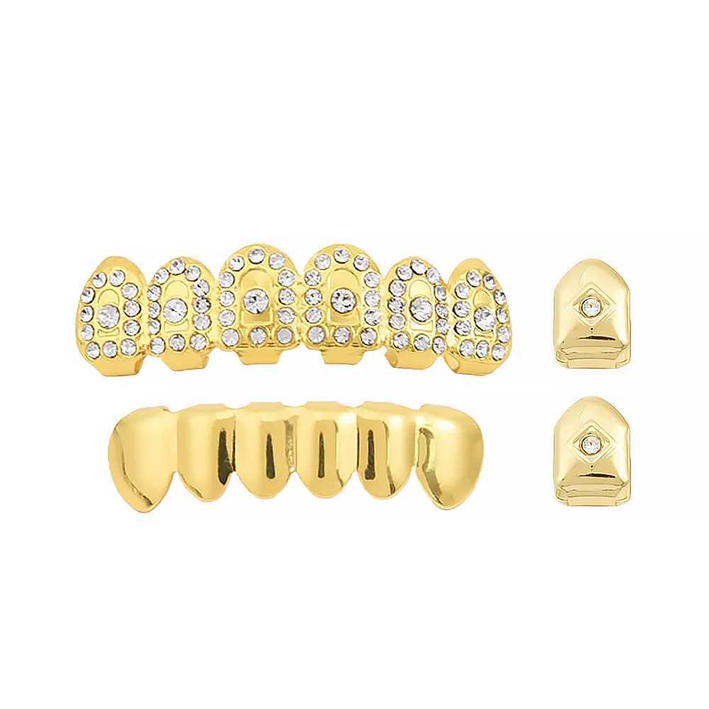 Hip Hop Iced Out CZ Stones Teeth Grillz Hat Cube Zircon Micro Lay Top and Bottom Charm Grill SetXJ250412