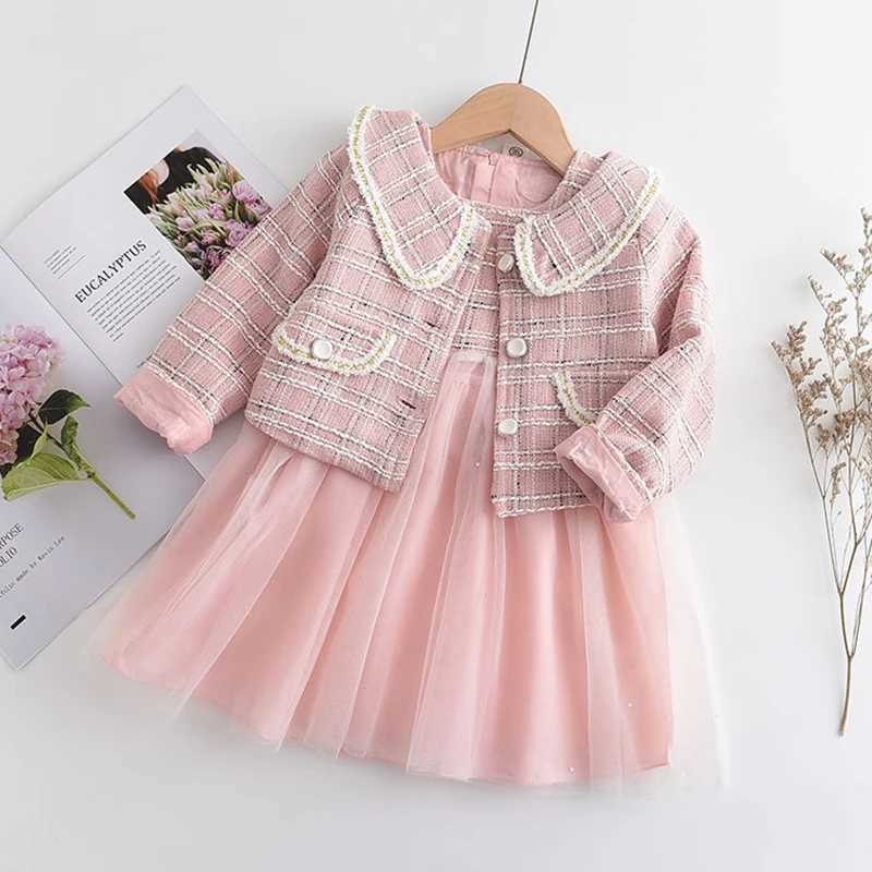 Korean Version Fashion Autumn and Winter New Girls Suit Flip Collar Checkered Long Sleeve CoatVest Mesh Dress Two Piece Set L250926JCCA