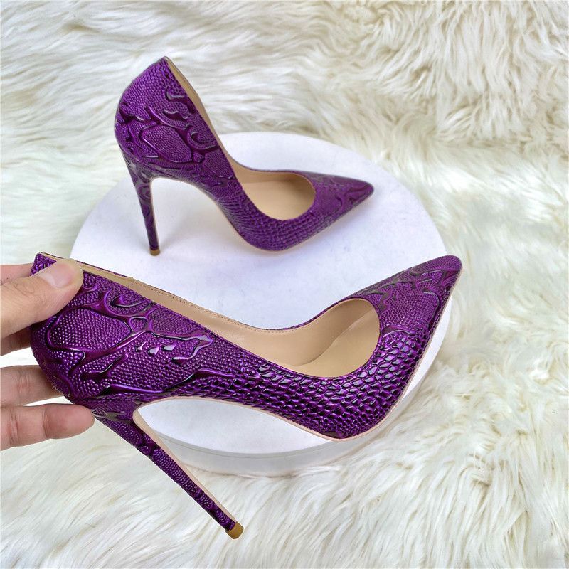 Purple Snake Skin Patterned Socialite High 12Cm Pointed Thin Heels Shallow Mouth Single Soft Leather Women's Shoes