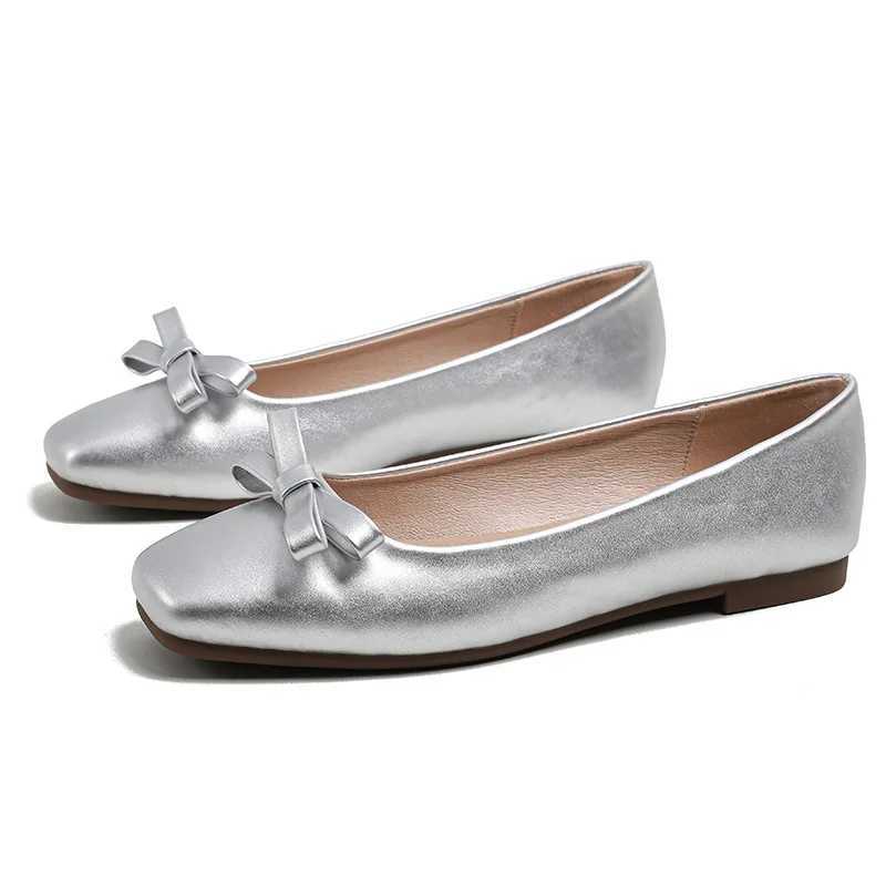 Elegant Ladies Sier Bowtie Flat Shoes Wan Slip Square Toe Loafers Size 34-43 Female Ballet Dancer Dress Moccasins Y250115