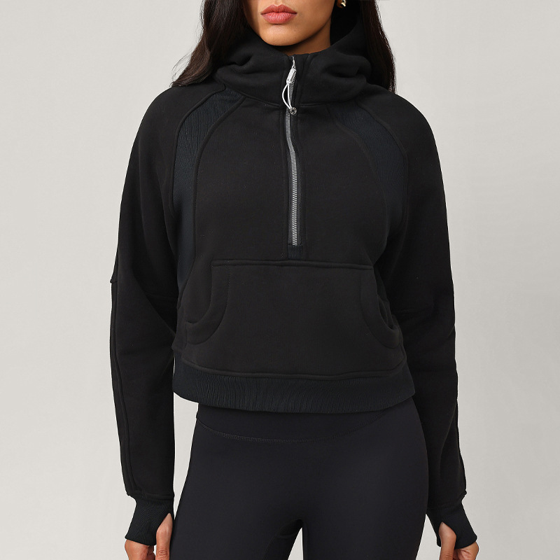 European and American hoodie women's high-quality velvet warm casual sports jacket hooded loose outdoor fashionable versatile half zip top