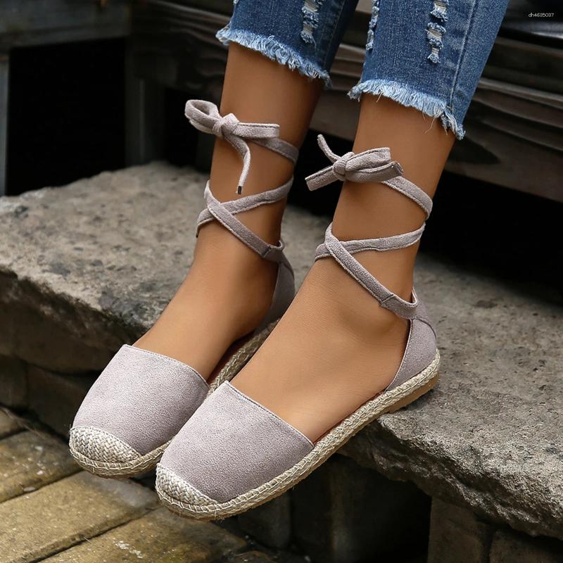 Sandals 2025 Summer Fashion Women Round Toe Solid Casual Shoes Flat Ankle Lace Up Rattan Straw Sole Roman Mujer zhanyishengli