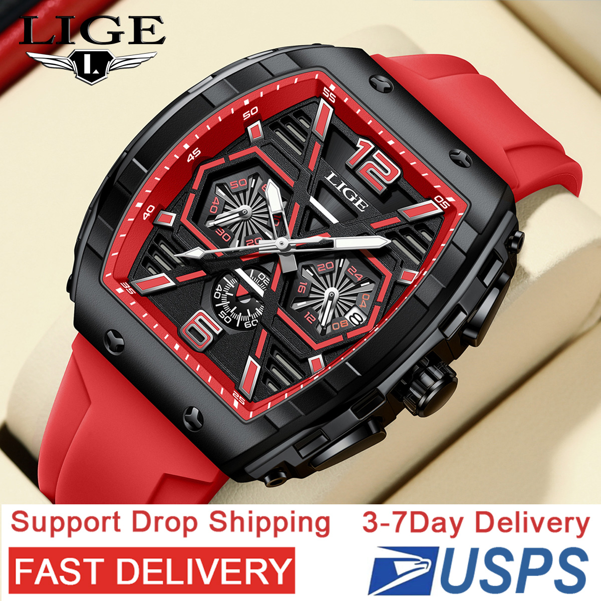 LIGE Men's quartz Watch Classic Business watch lift screen LED glow-in-the dark light wine barrel appearance multi-functional sports watch