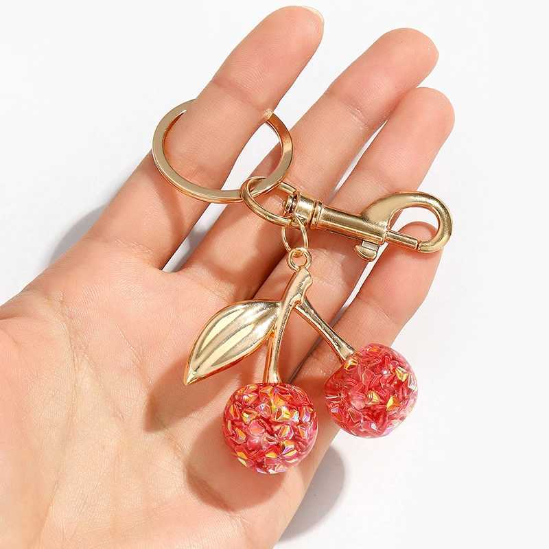 Keychains Lanyards New Cherry Fruit Keychain Pendant Crystal Charm For Bag Womens Handbag Shoulder Bags Attachment Parts H250115