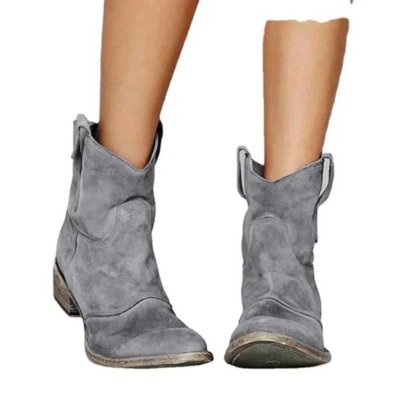 Vintage Cowboy Ankle Boots for Women Pointed Toe Low Heels Female Autumn Winter Slip PU Leather Booties 2024XJ250115