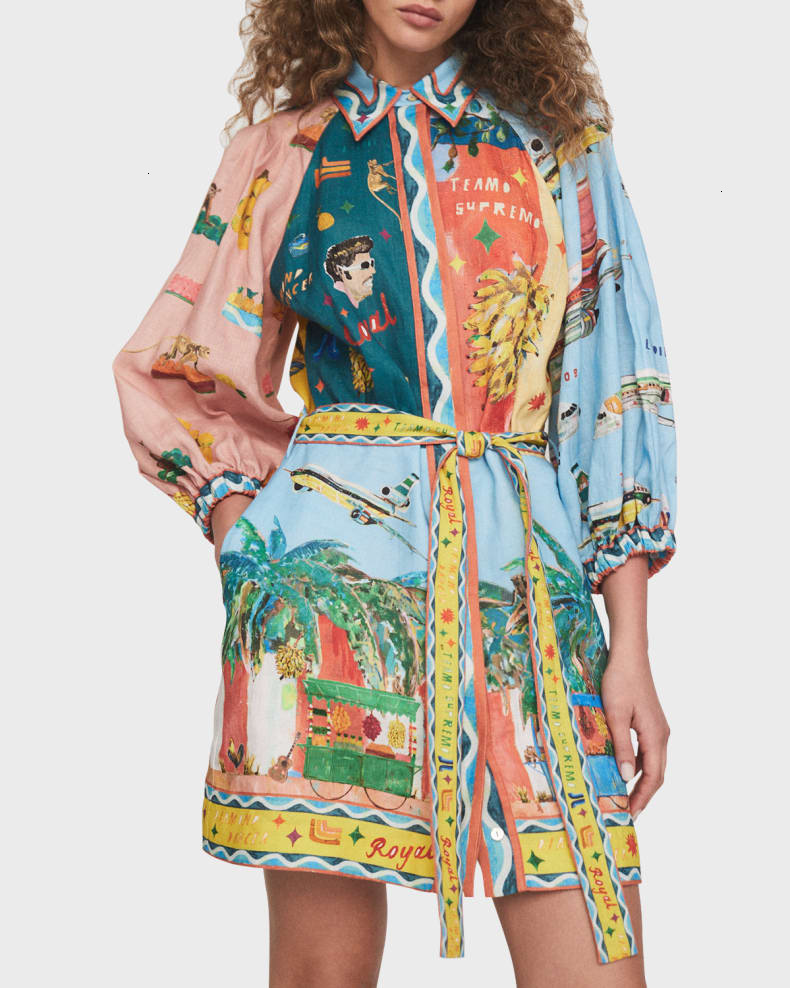 Australian Fashion Women Linen Shirt Dress Flower Printed Summer Spring Dresses Skirt Elegant Slim Fit Long Linen Clothes S-XL