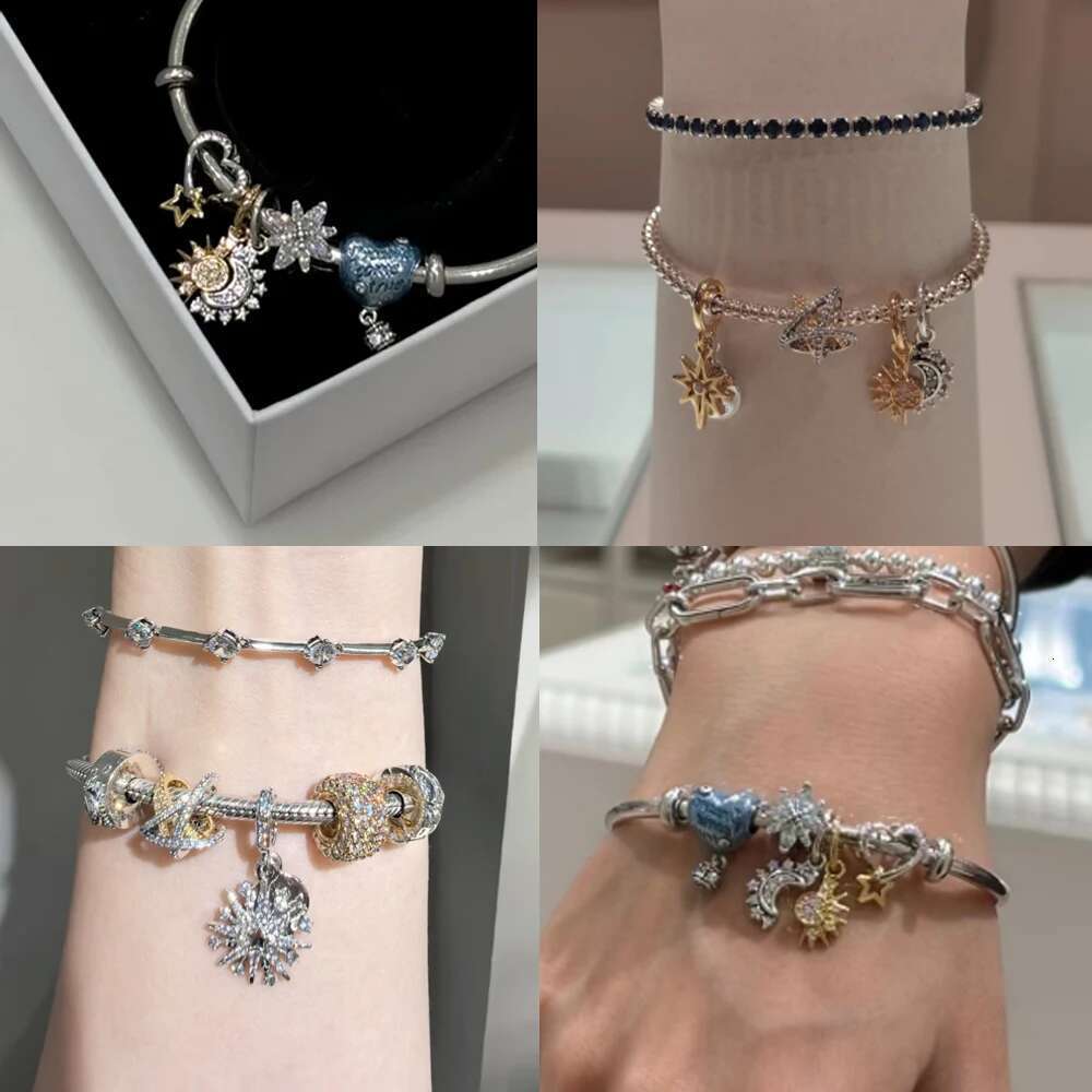 Classics 925 Sterling Silver Carousel Beads Sparkling Stars Sun Moon Combination Pendant Double Hearts Dangle Charm Fit DIY Bracelet Necklaces Jewelry
