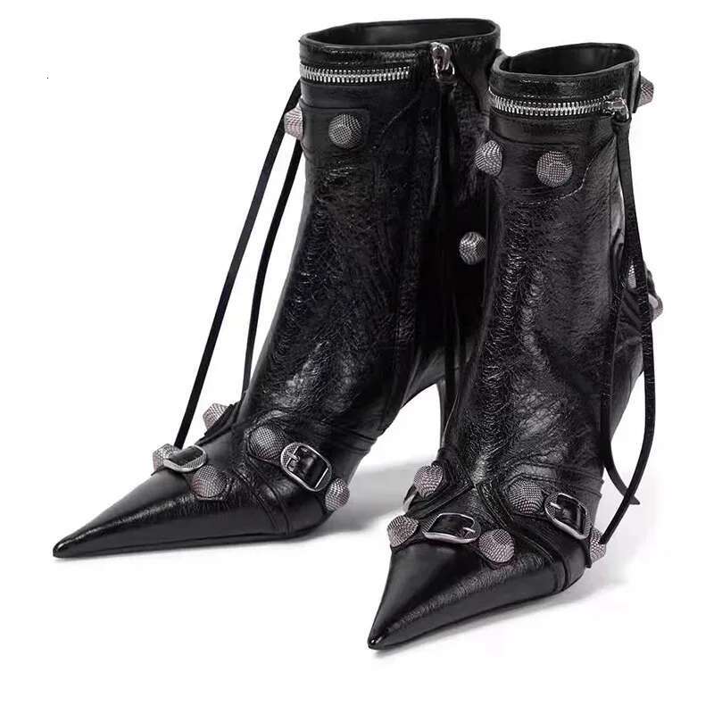 Sexy Gold Sliver Ankle New Metal Buckle Rivet High Thin Heels Pointed Toe Tassels Zipper Short Boots For Women