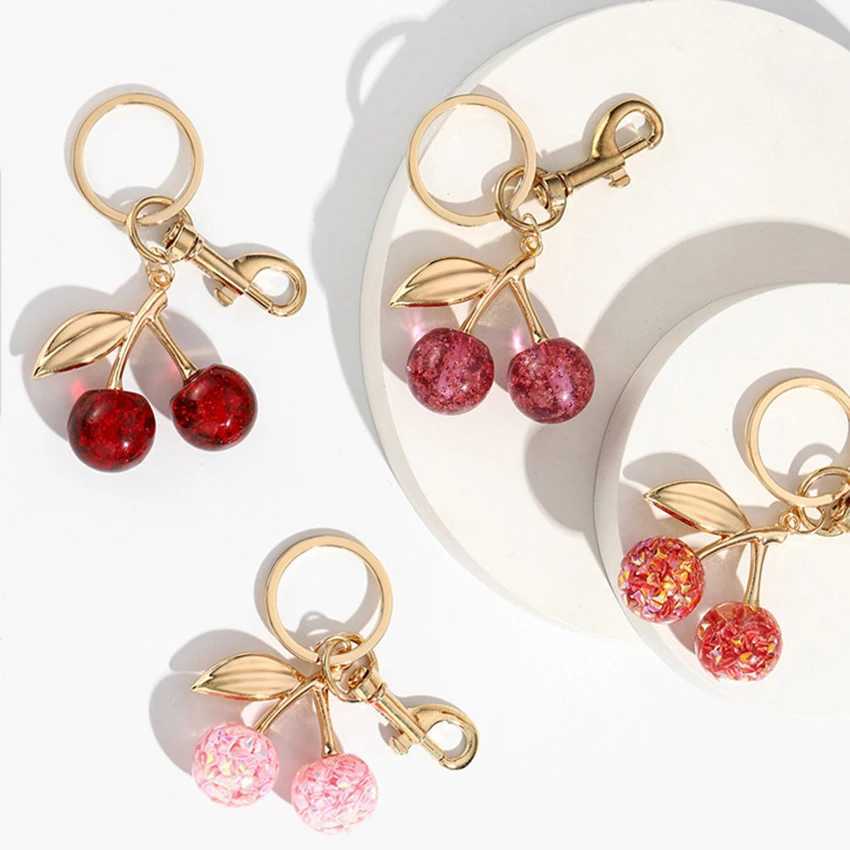 Keychains Lanyards Cherry Bag Charm Red Pink Crystal Fruit Pendant Key Ring for Women Girl Accessories Gift H250115