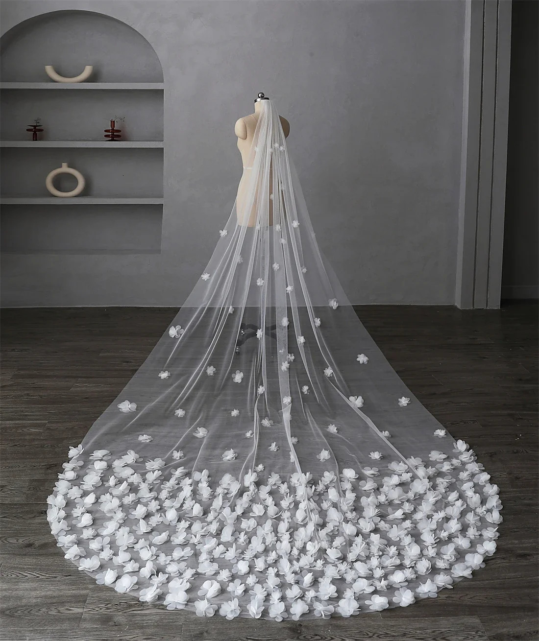Bridal Veil Long Wedding Veil 3D Flowers Floral Lace White Petals Veil for Bride With Comb velos de novia Cathedral250108