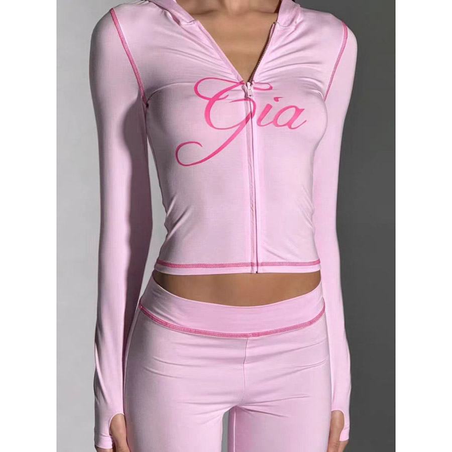 Womens Two Piece Pants IAMGIA Set Letter Elastic Thin Print Slim Fit Hoodie Short Jacket Top Long Training Fitness Suit