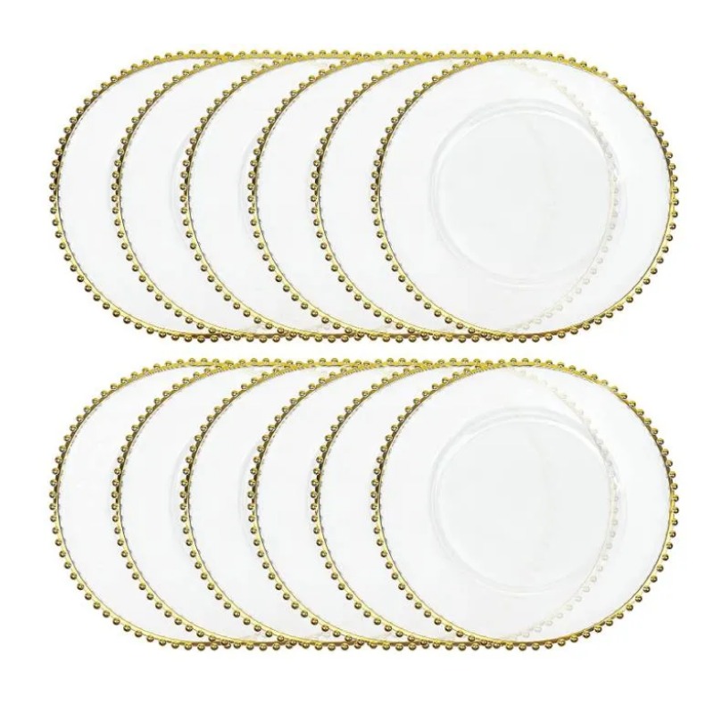 Plates Nordic Gold Beads Glass Plate Charger Decorative Salad Fruit Dish Transparent Serving Tray Wedding Dinner Event Supplies