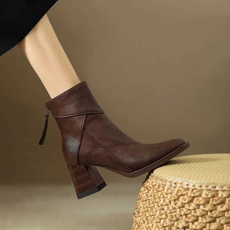 Woman Chunky Ankle Boots Women Zipper Brown Soft Leather Short Boot Autumn New Square Toe Casual High Heel Booties MujerXJ250115