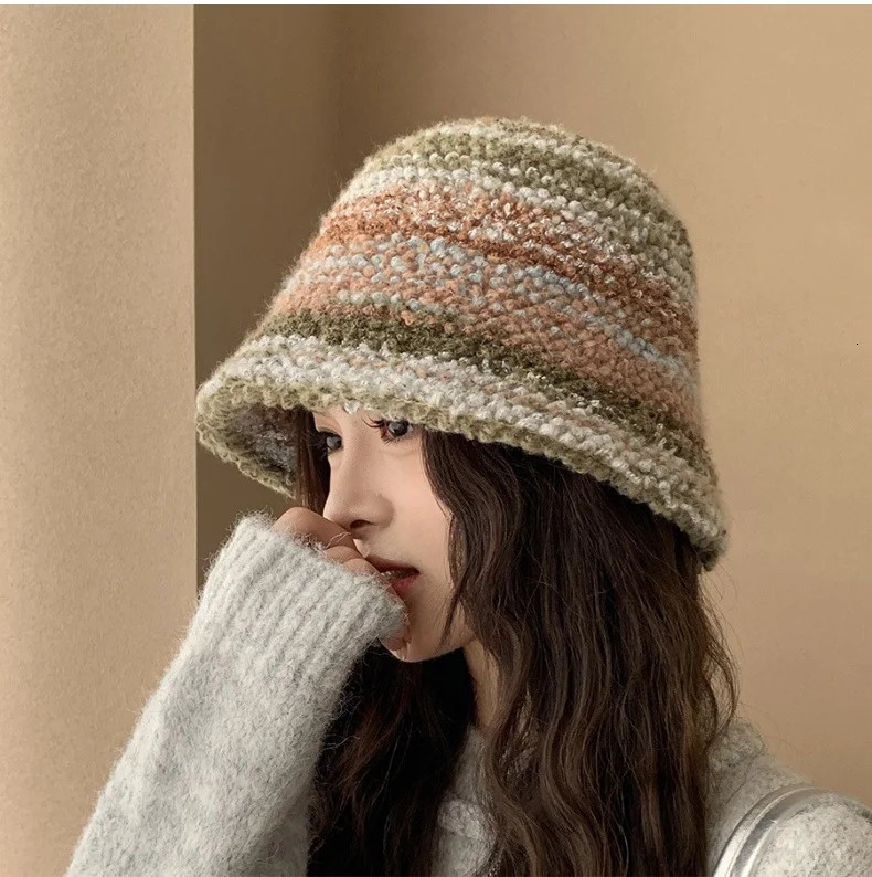 Colourful Knitted Hat Women Korea Autumn Winter Warm Dopamine Warm Fishermans Hat Star Model Thickened Bucket Hat 250115bj