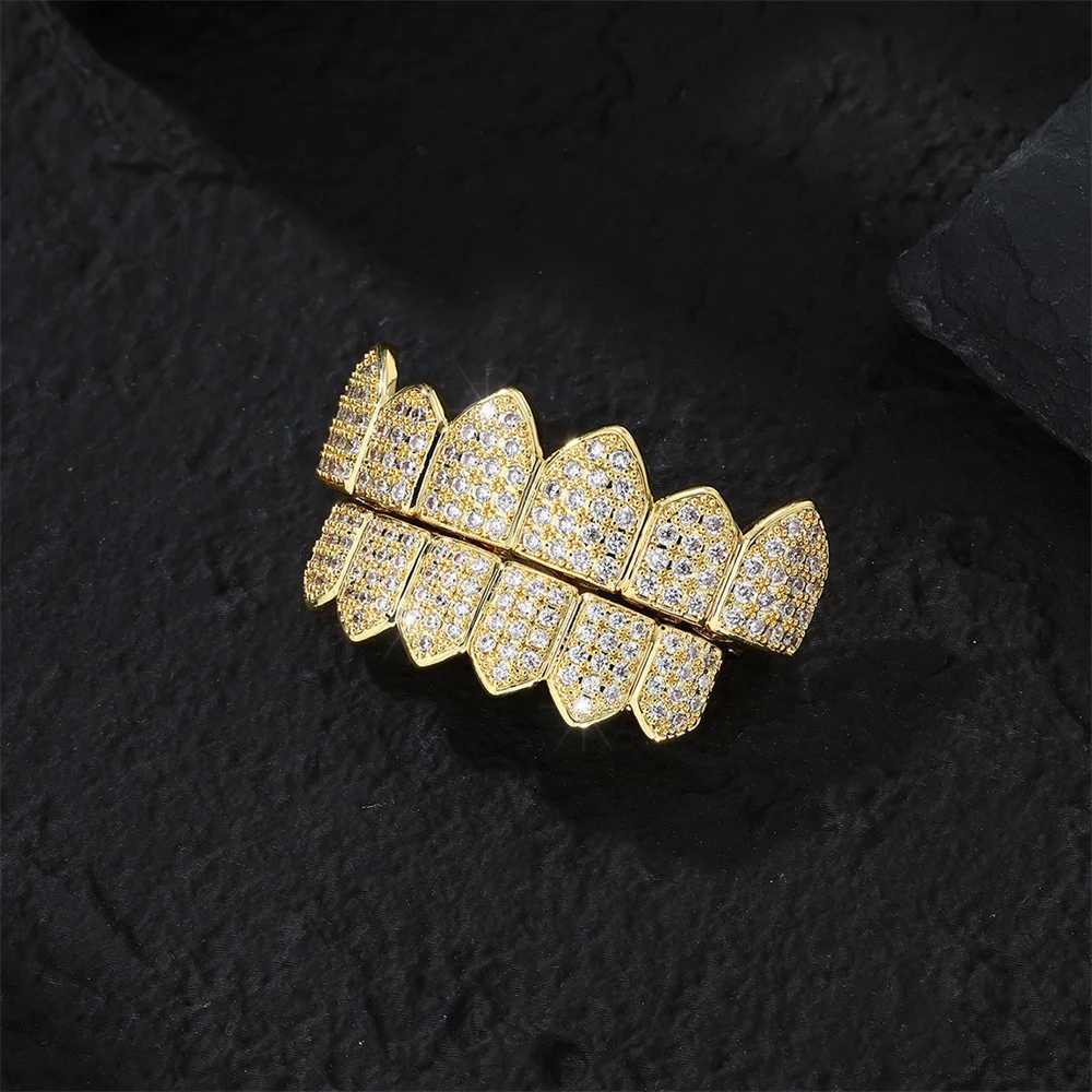 Hip Hop Full CZ Teeth Grillz Caps Bling Iced Out Cubic Zircon Top Bottom Charm Grills Set For Men Women Jewelry GiftXJ250114