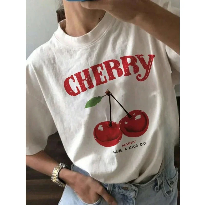 Summer Women Fashion TShirt Cherry Print ONeck Cotton Tops Tees Floral Graphic Short Sleeve Clothing Female Casual Streetwear 250115