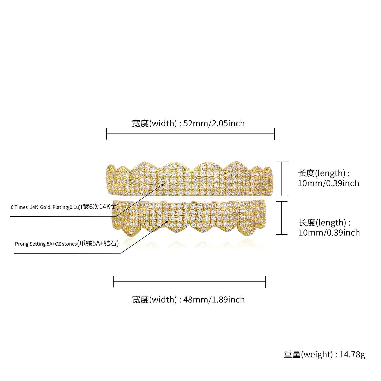 RACHELZ 8/8 Iced Out Zircon Teeth Grillz Fangs Gold Silver Color Shiny CZ Stone Tooth Caps For Women Men Jewelry HalloweenXJ250114