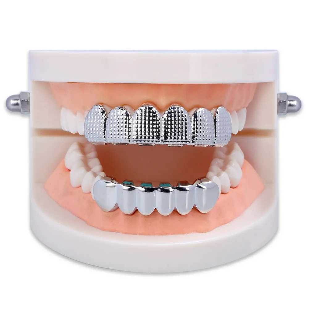 RACHELZ Punk Waffle Pattern 6/6 Teeth Grillz Hip Hop 14K Gold Plated Tooth Caps Decor For Women Men Body Jewelry GiftXJ250114