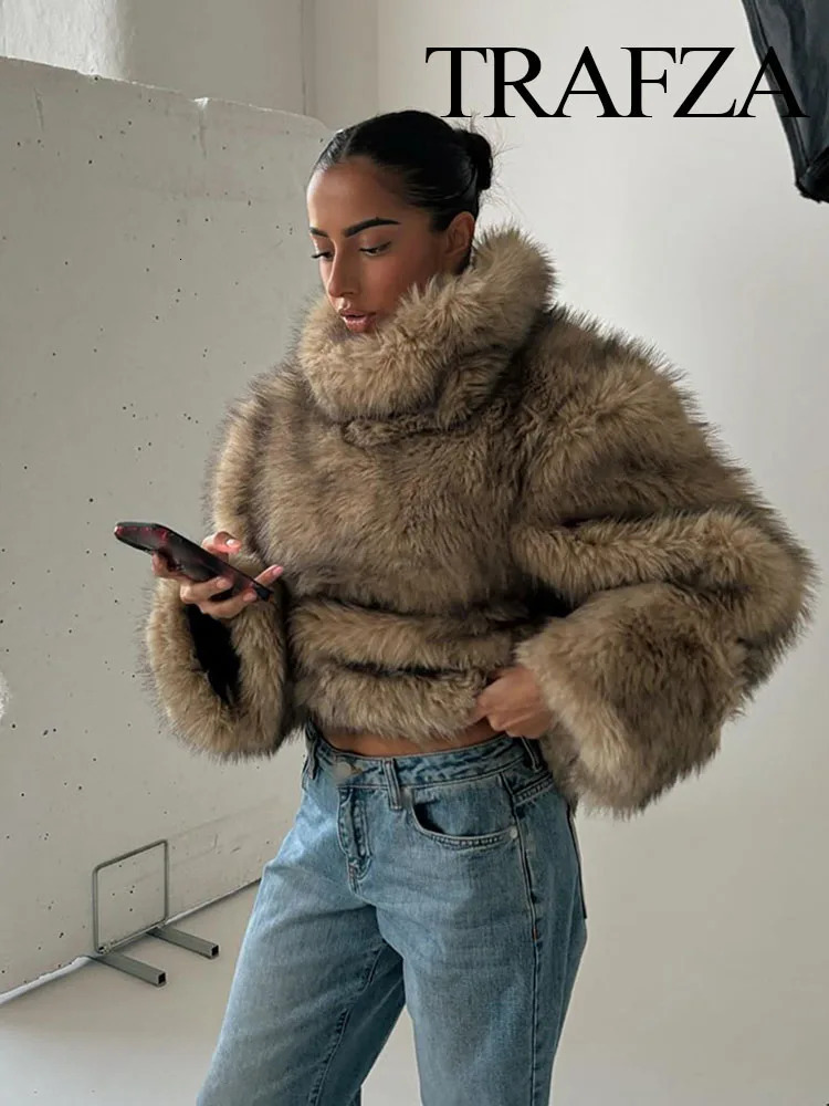 TRAFZA Women Winter Elegant Loose Long Sleeve Casual Coats Woman High Collar Warm Faux Fur Pullover Sweatshirts Streetwear 250107