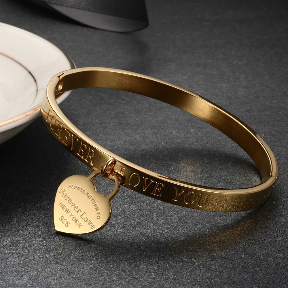 Bangle Trendy Stainless Steel Bangles Bridesmaid Gift Gold Color Cuff Forever Love Heart Bracelets Female 2022 H250115