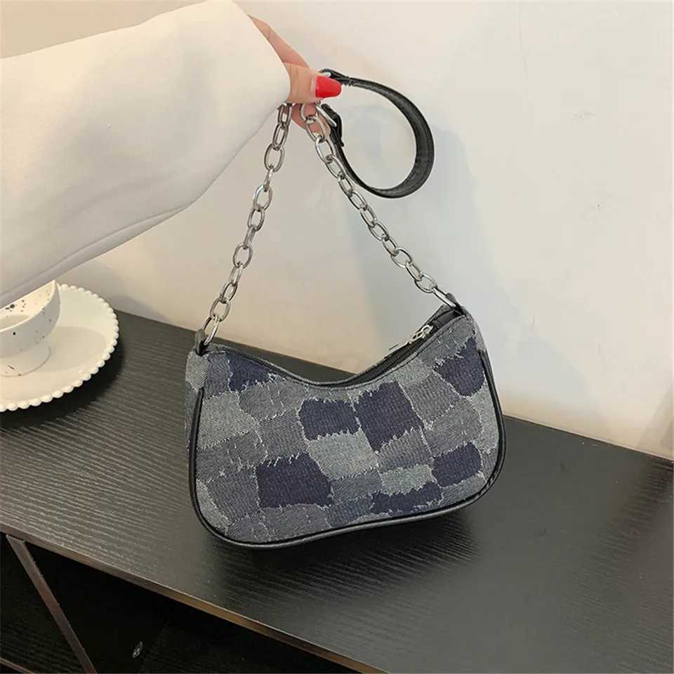 New Fashion Small Square Bag Retro French Women Denim Plaid Patterns Shoulder Bags Trend Female Underarm Chain Handbag Z250115