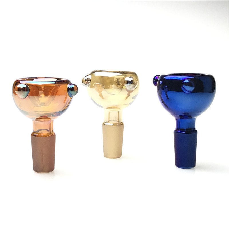 14mm 18mm Male Gold-plating Glass Bong Bowls with Colorful Thick Pyrex 3 Handle Glass Smoking Bowl Water Pipes