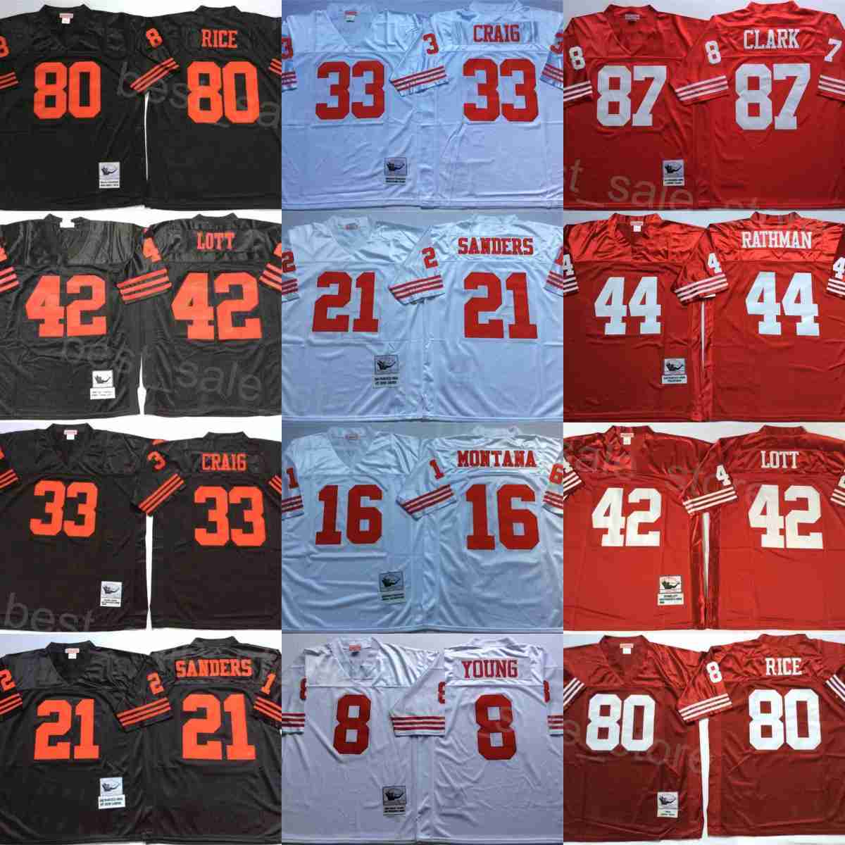 Retro Football San Francisco Throwback Jersey 8 Steve Young 16 Joe Montana 42 Ronnie Lott 80 Jerry Rice 21 Deion Sanders 33 Roger Craig 44 Tom Rathman 87 Dwight Clark