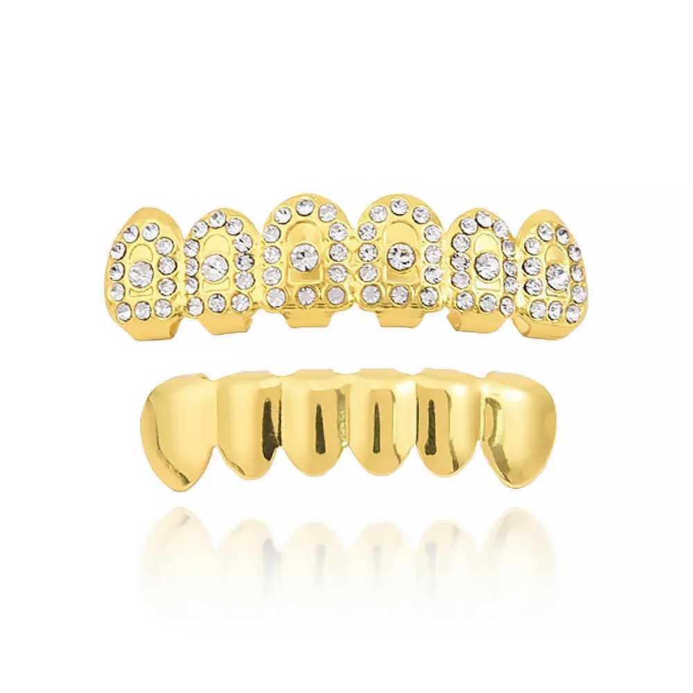 Hip Hop Iced Out CZ Stones Teeth Grillz Hat Cube Zircon Micro Lay Top and Bottom Charm Grill SetXJ250412