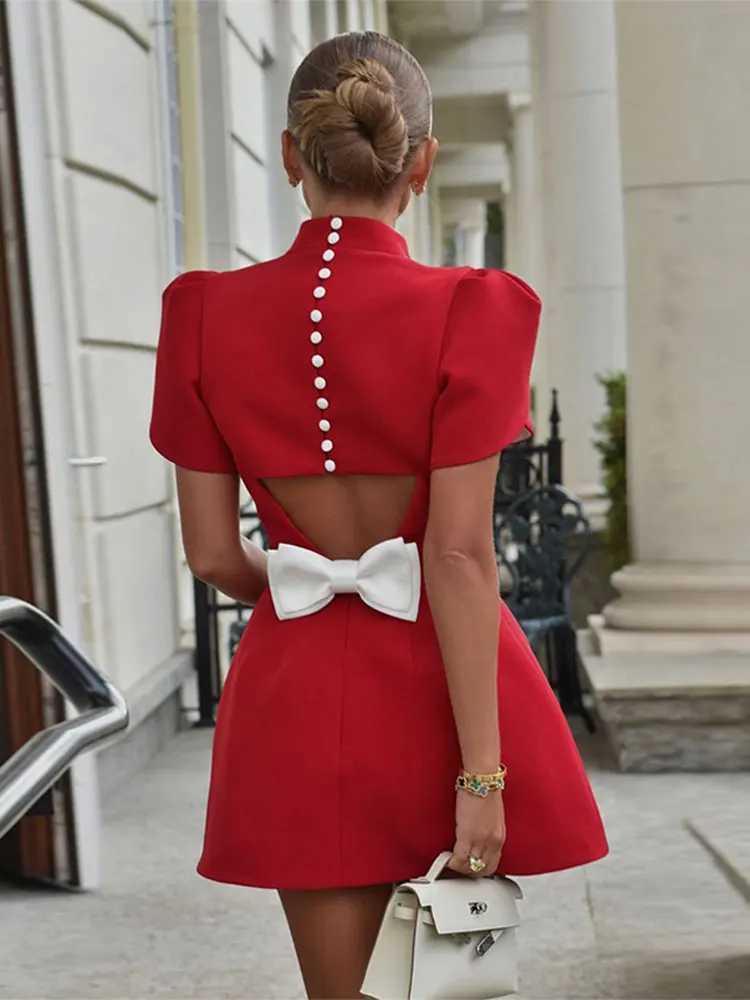 2024 Ele Women Luxury Formal Hollow Red O-neck Mini Dress Fashion Bow Pad Shoulder Evening Dresses Lady Street Party VestidoXJ250115