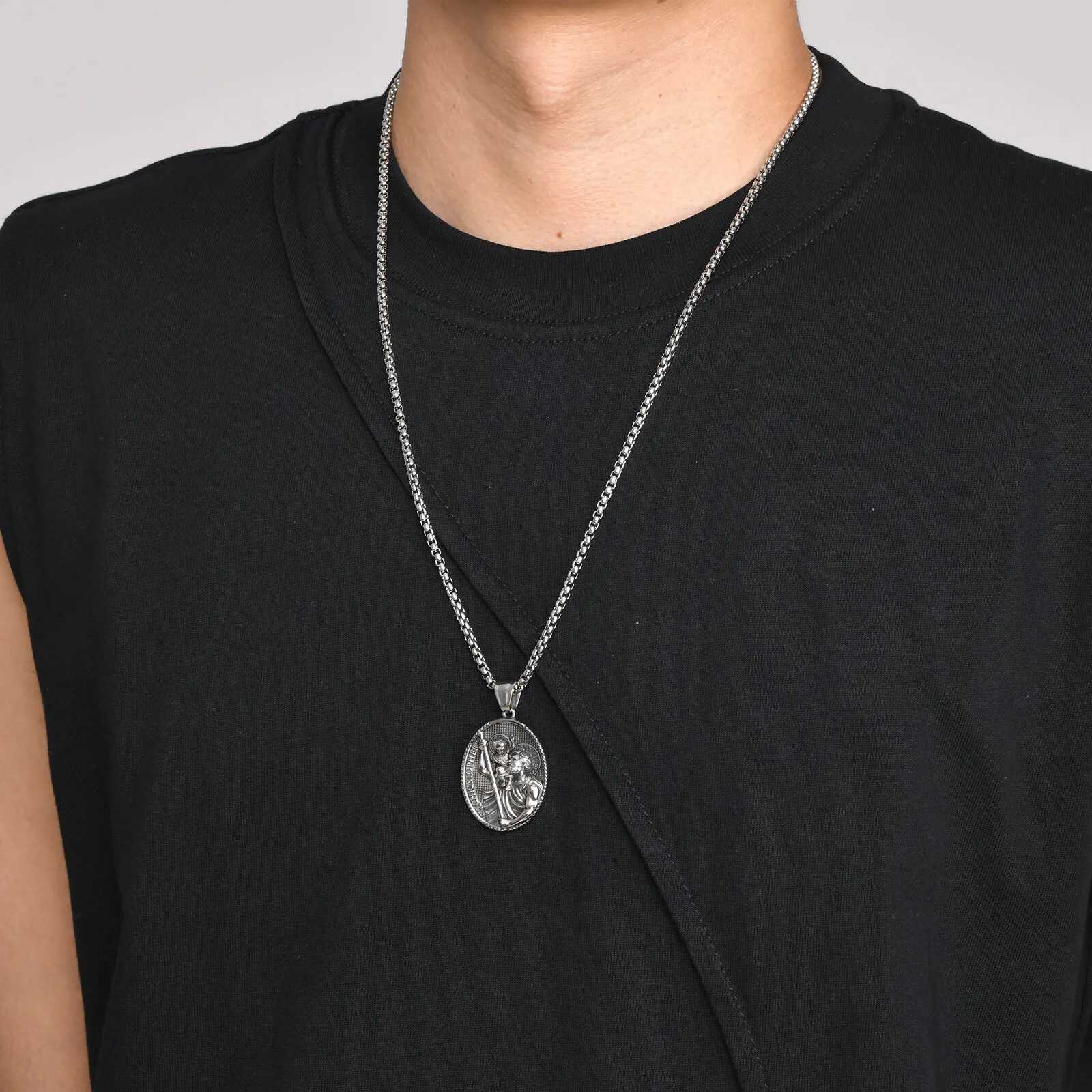 Saint Josephs Elliptical Necklaces for Men BoysST. Christopher Stainl Steel Pendant NecklacesRetro Vintage Jewelry GiftXJ250114
