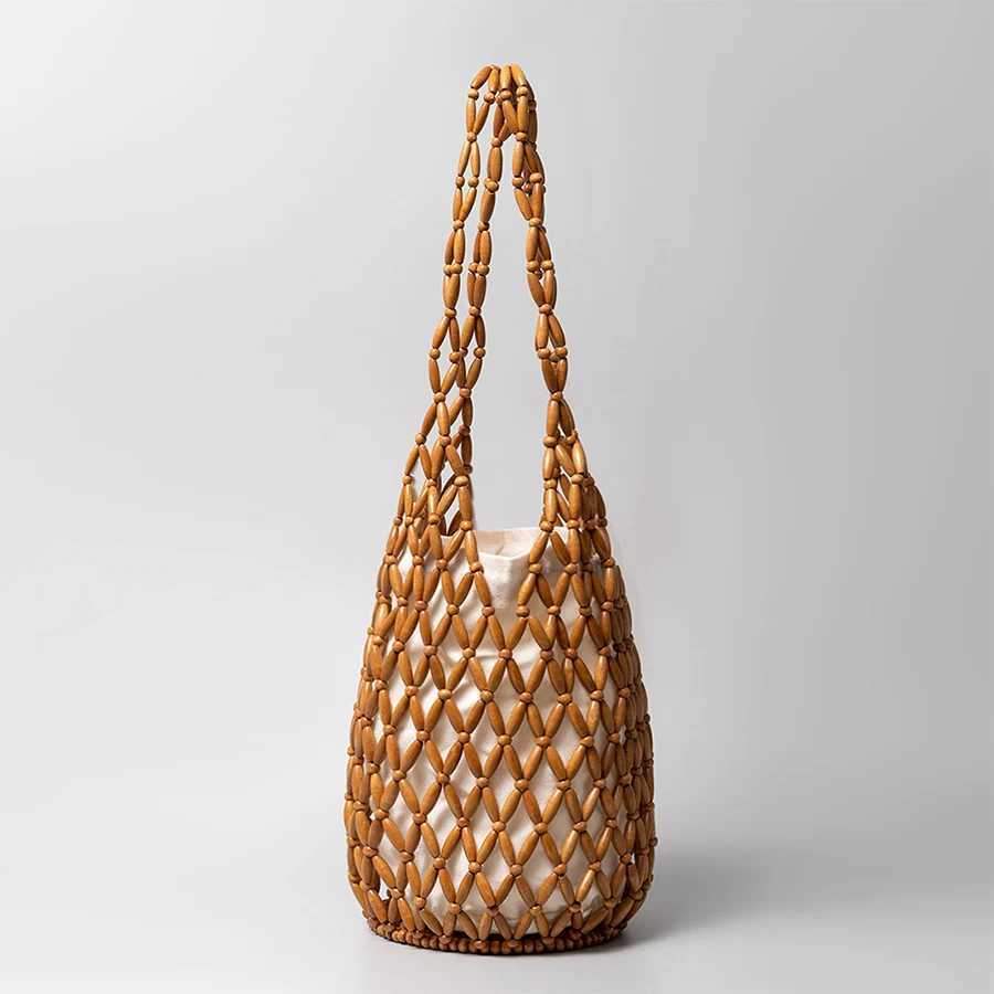 Women Woven hand bag summer design hollow-out wooden bead bucket shoulder bag female Reticulate netted canvas beach handbag Z250115