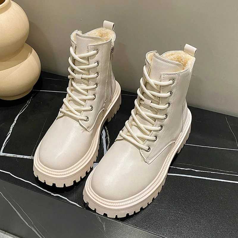 Womens Warm Short Plush Ankle Boots Winter 2024 PU Leather Waterproof Snow Boots Women N-Slip Lace Up Platform Combat BootiesXJ250115