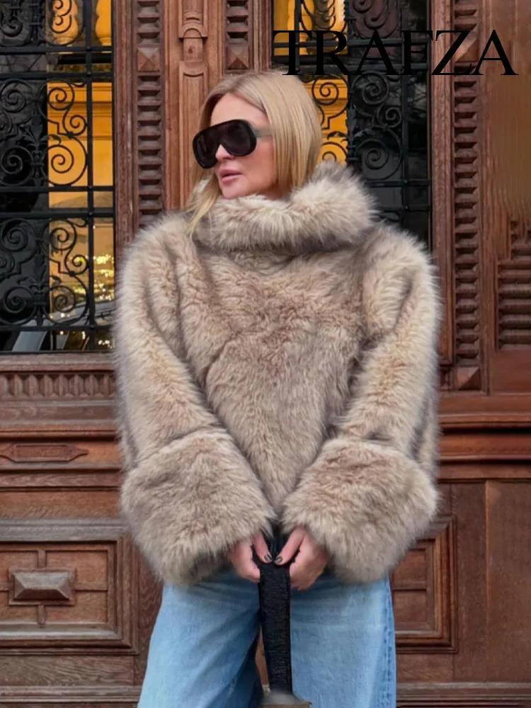 TRAFZA Women Winter Elegant Loose Long Sleeve Casual Coats Woman High Collar Warm Faux Fur Pullover Sweatshirts Streetwear 250107