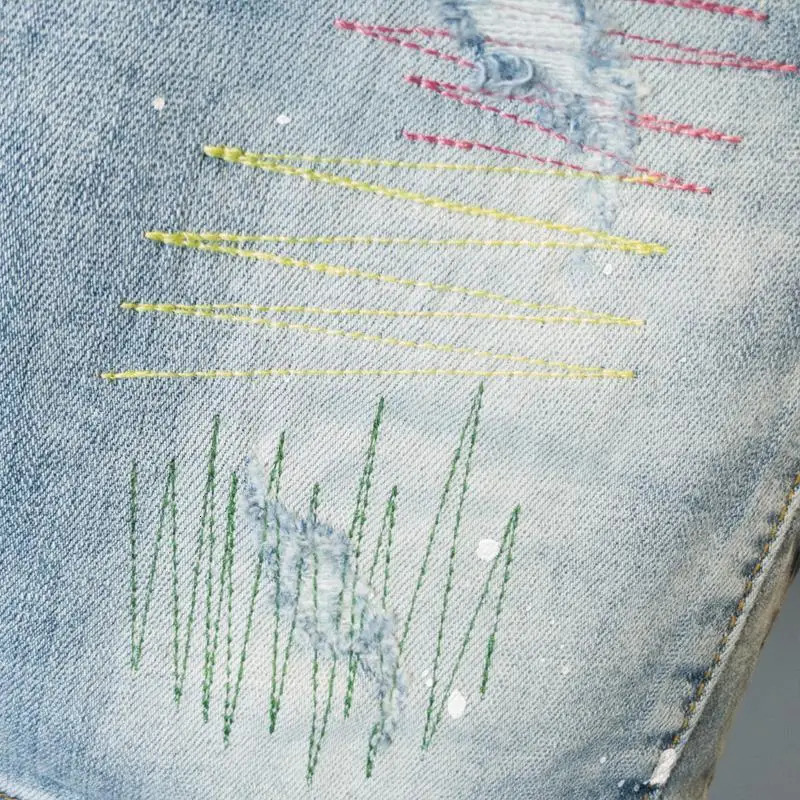 Summer Mens Casual Denim Knee Length Shorts with Distressed Route Patched Stitching Streetwear Washed Short Jeans 250109Z