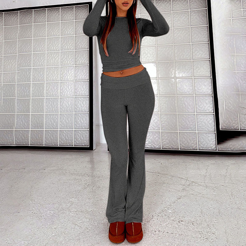 European and American women's fitness new clean color sports and leisure long sleeved fashionable versatile pants two-piece set yoga suit