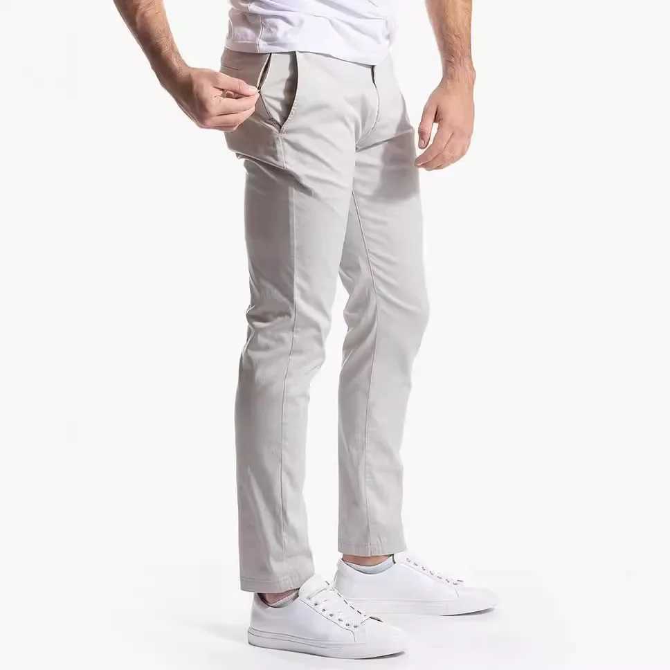 2024 Autumn Men Casual Pants High Elastic Mid Waist Business Slim Fit Solid Color Pockets Straight Basics Ankle Length Trousers W250115