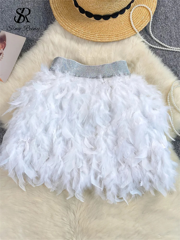 SINGREINY Senior Birthday Party Skirt High Quality Elastic Waist Mini Skirt Fairy Style Sweet Feather Splicing Ball Gown Skirt 250108