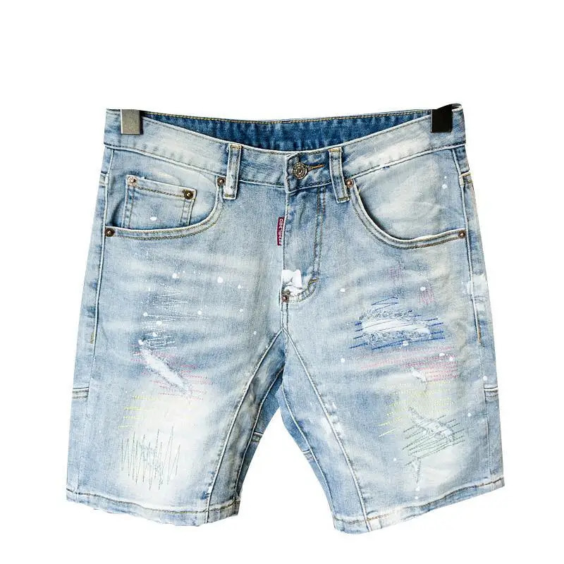Summer Mens Casual Denim Knee Length Shorts with Distressed Route Patched Stitching Streetwear Washed Short Jeans 250109Z