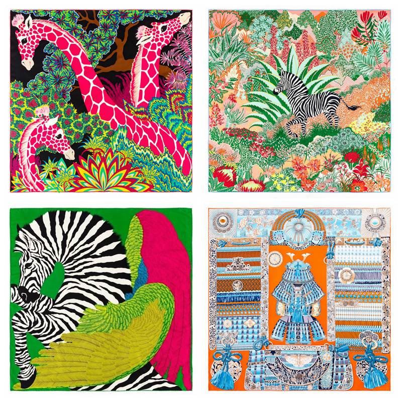 90cm New Handmade Crimping Silk Scarf Women Twill Jungle Fawn Print Shawl Headscarf Handkerchief
