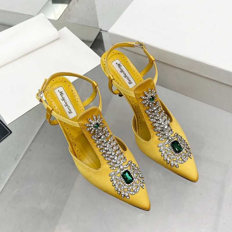 Ladies Wedding Shoes Rhine Pointed Toe High Heels Satin Gemste Stiletto Sandals 2022 New Baotou Fairy Pump Wedding ShoesXJ250116