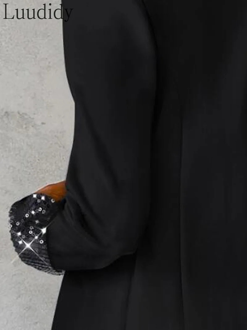 WomenS Elegant Casual Solid Color Long Sleeve Notched Collar Sequin Decor Blazer Coat 250115