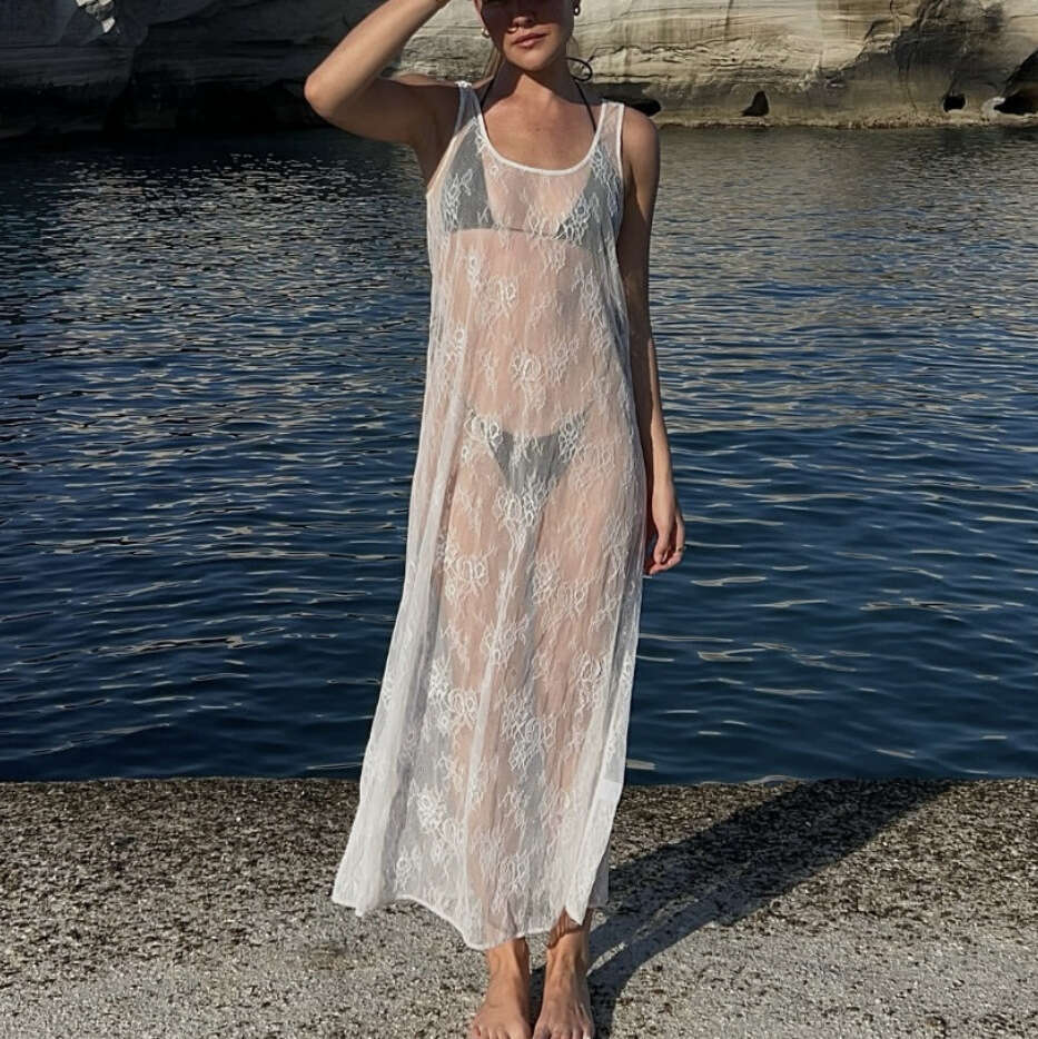 2025 Spring/Summer European and American Women's Hot Selg Sexy Perspective Hollow Lace Hoodie Dress New Casual Versatile Fashion Clothing